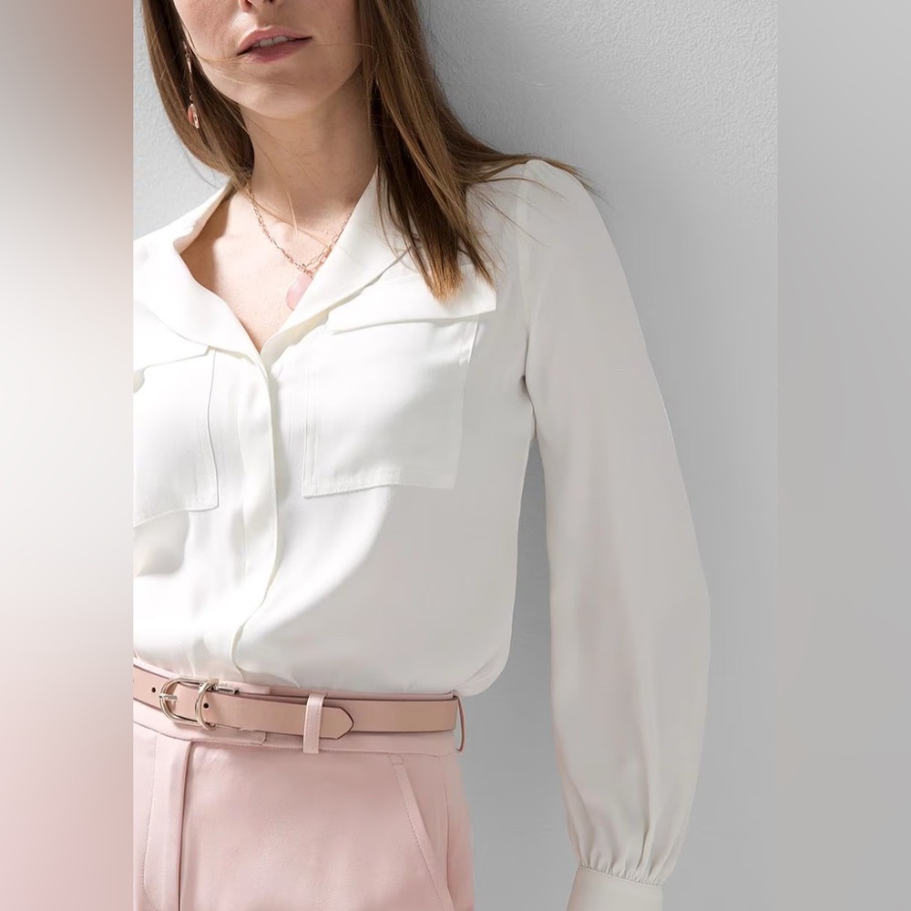 Old Money Long sleeve pocket soft shirt Chiffon button down ecru minimalist - Picture 2 of 11